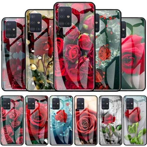 Tempered Glass Phone Case For Samsung Galaxy A51 A71 A50 A70 A21s A31 A41 A30 A40 A10 A20 Red Roses Flower Back Cover Coque Capa