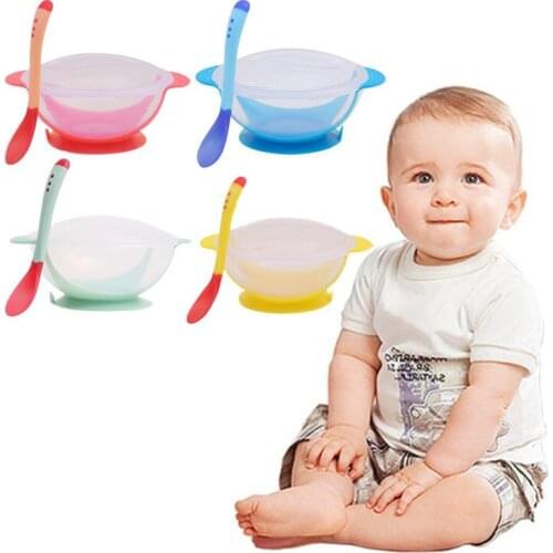 Childrens bowl tableware toddler baby sucker non-slip cup baby training bowl with temperature-sensitive spoon food feeding bowl
