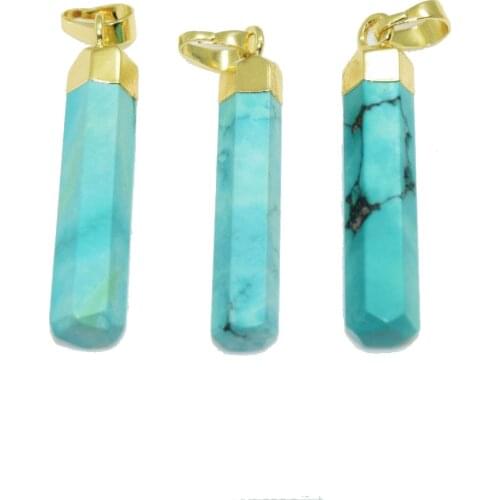 Long Fashion Jewelry Faceted Natural Stone stick pendant for necklace gold cap marble green howlite point girl pendant