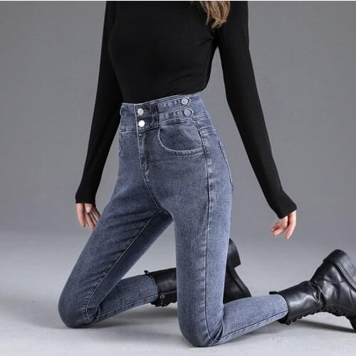 Spring Blue Gray Woman Jeans High Waist Stretch Skinny Ankle Length Pants Mujer Buttons Cotton Denim Femme Slim Pencil Pants