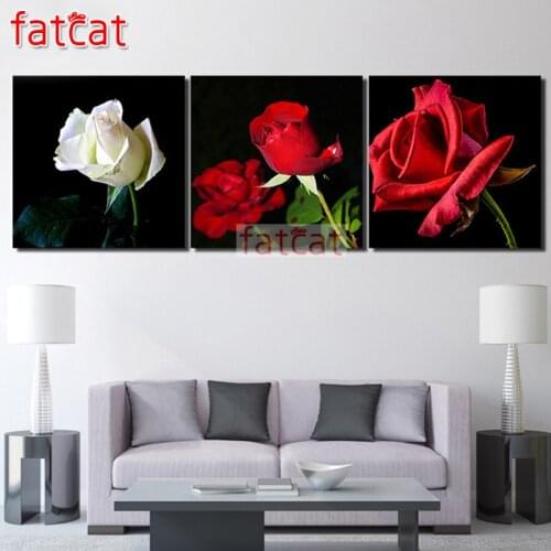FATCAT 5d diy diamond painting white red rose flowers full square round drill diamond embroidery triptych home decor AE1601