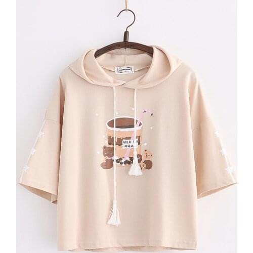 Summer Teen Girls Oversize Short Sleeve T-shirt Casual Japanese Bear Printed Tassels Loose Hooded Tee Women Leisure Pullover