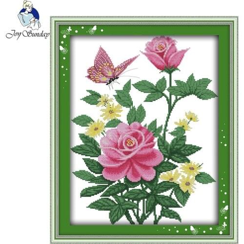 Joy Sunday flower style Pink rose and butterfly pretty Cross-stitch cotton floss for hand embroidery designs home decorate