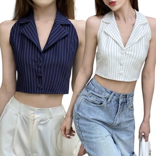 Womens Turn-down Collar Crop Tank Tops Sleeveless Stripes Print Button Down Backless Lapel Collar Camisole