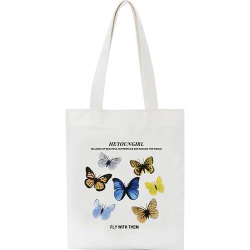 Summer Vintage New Cartoon Butterfly Print Large Capacity Chic Korean Sweet Ulzzang Harajuku Canvas Ins Womens Shoulder Bag