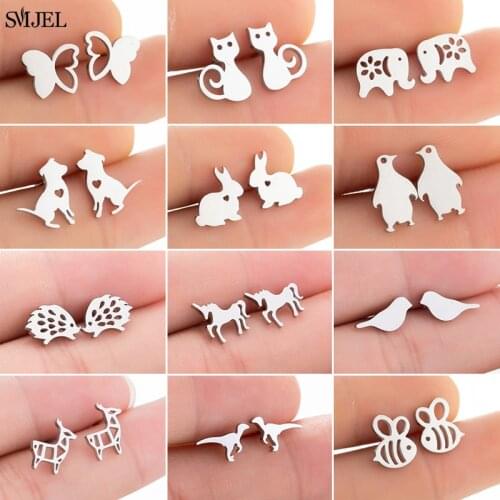 Small Stainless Steel Animal Stud Earrings for Women Kids Jewelry Punk Black Dog Butterfly Rabbit Unicorn Paw Earrings Bee Studs