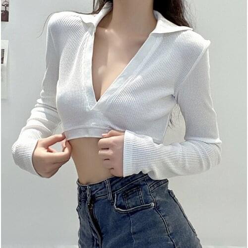 Fashion T-Shirts Womens Autumn Sexy Long Sleeve Crop Tops Tee V-Neck Short Navel Top Clothes Girls Clubwear Streetwear