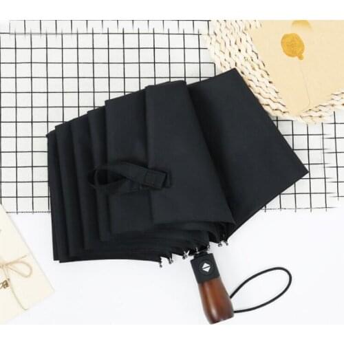 New Arrival Automatic Men Umbrella Three Fold Wooden Handle Black Coating Sun Folding Umbrellas 10K Windproof