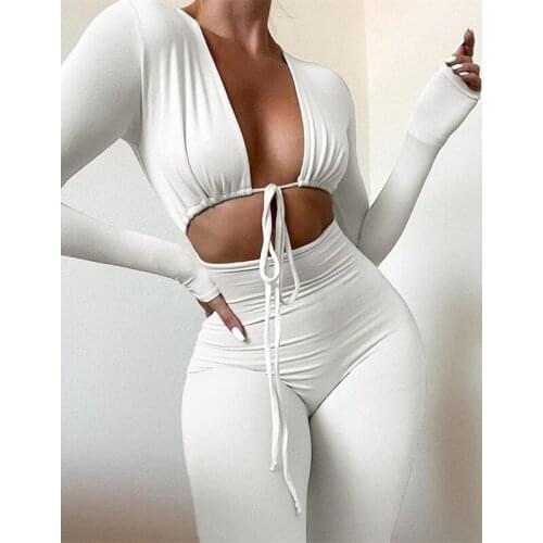 Fall 2021 Bodycon Jumpsuits for Women Sexy White Hollow Out Draw String Long Sleeve One Piece Club Outfits Clothes