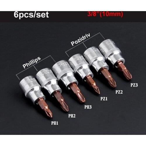 6Pcs 3/8 Inch Drive Socket Pozi Pozidriv Screwdriver Bit Phillips Screwdriver Bits Hand Tools PZ1 PZ2 PZ3 PH1 PH2 PH3
