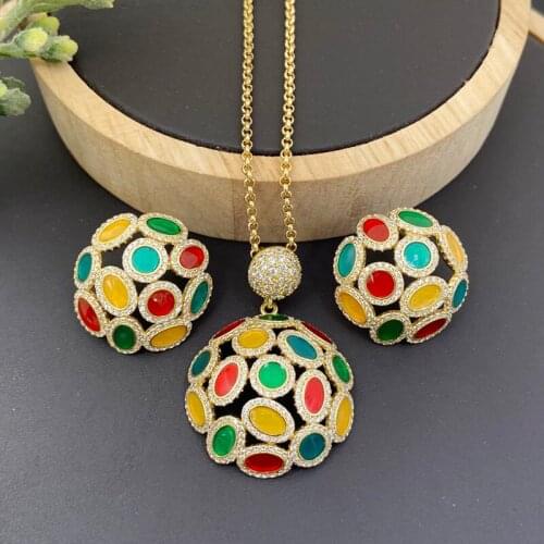 Lanyika Fashion Jewelry Set Oval Ball-Flower Drip Oil leaf Micro Inlay Necklace with Earrings for Women Anniversary Best Gifts