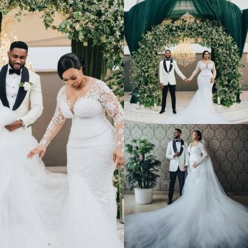 African Wedding Dress With Long Sleeves Sheer Neck Lace Appliqued Vestido De Novia Country Boho Mermaid Tulle Court Train Bridal