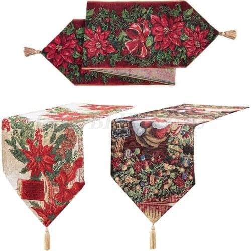Holiday Christmas Table Runner with Tassels, Polyester Cotton Blend Floral Christmas Flower Dresser Scarf Table Topper