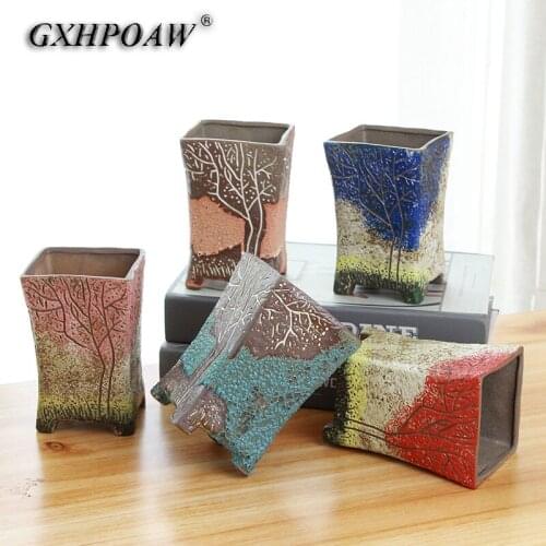 Retro Old Stump Tree Design Ceramics Flowerpot Square With Feet Succulents Flower Pots Garden Home Decoration Vase Ornaments