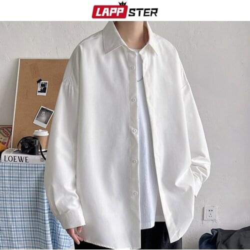 LAPPSTER Men Vintage Long Sleeve Solid Shirts 2021 Mens Harajuku Black Oversized Shirt Male Korean Fashion Button Up Y2k Shirts