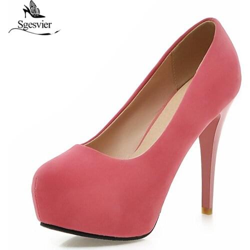 Sgesvier Sexy Party Wedding Women Shoes Concise Woman Pumps Platform Thin High Heel Stripper Flock Pumps Plus Size 33-45 B381