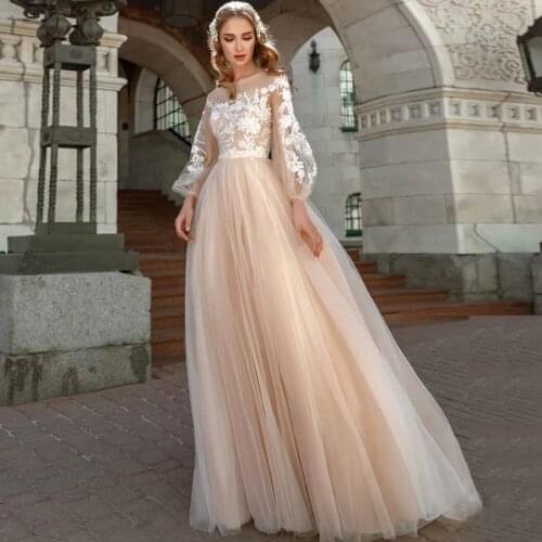 Champagne Princess Wedding Dress A-Line Puff Shell Wedding Dress Boho Top Appliques Top Bridal Dress