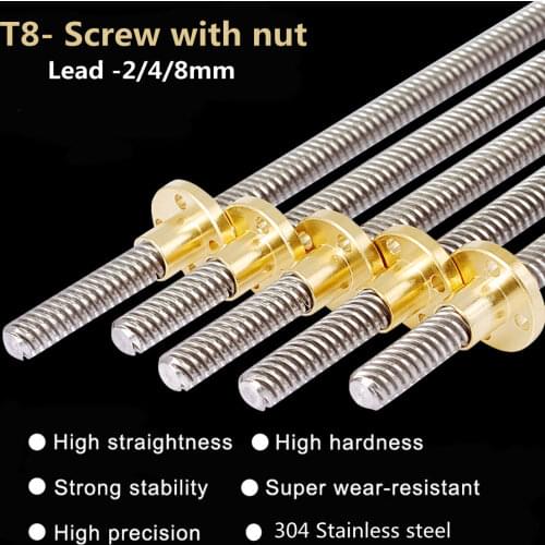 T8 Lead Screw lead 4mm/2mm/8mm Dia 8mm pitch 2mm Length 200 300 400 500 600 mm trapezoidal spindle screw with Brass copper nuts