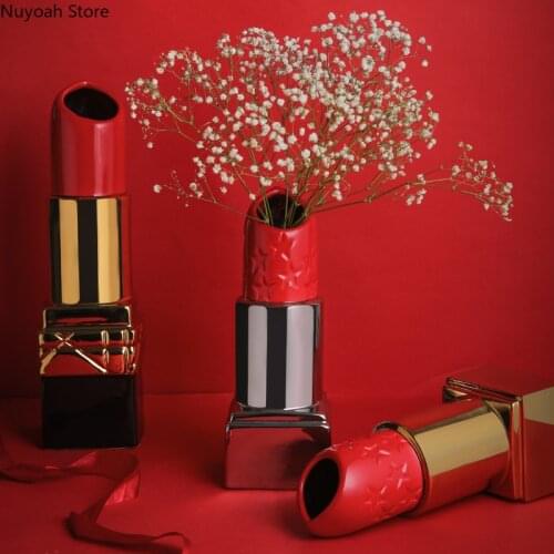 Creative Lipstick Art Sculpture Vase Decoration Modern Dried Flower Flower Arrangement Ceramic Craft Home Decoration Accessories