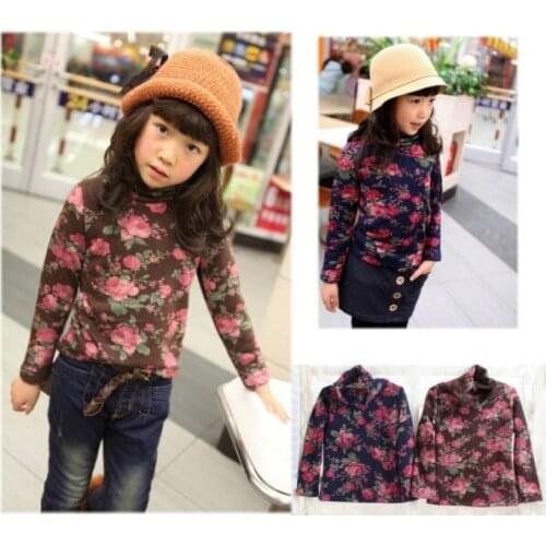 In Stock! Childrens Warm Winter Wear Clothes Top Flower Baby Girls T Shirts Full Sleeves Turtleneck Tee With Fleece Inside