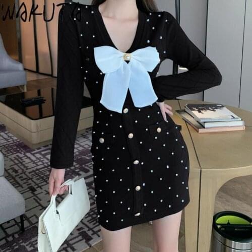 WAKUTA Ladies Knitting Bodycon Blue Black Dresses Korean 2021 Autumn New Fashion Slim Bow V Neck Diamonds Mini Sweater Dress