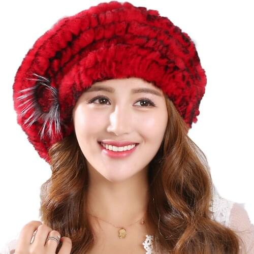 Winter Warm Fur Hat Women Real Rex Rabbit Fur Beanies Cap Berets Fluffy Soft Black Grey Red Coffee