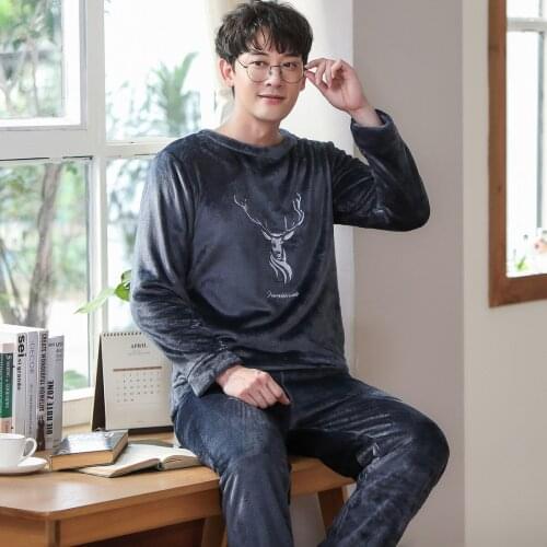 2020 Winter Thicken Warm Soft Flannel Pajamas Set for Men Long Sleeve Pyjamas Deer Cartoon Sleepwear Male Homewear Home Pijama