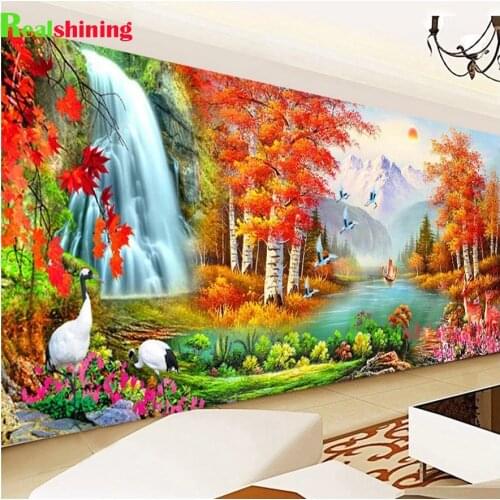 5D DIY Diamond Painting Full Round Drill Autumn Tree Waterfall Landscape Gift Hanging Painting Diamond Painting N2078