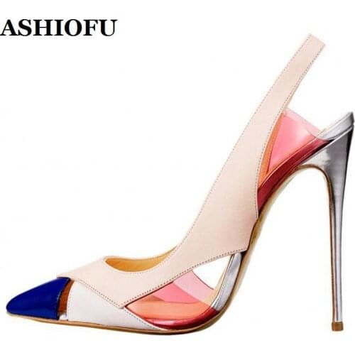ASHIOFU Handmade Ladies High Heel Pumps Patchwork Blue-toe Office Party Shoes Slingback Evening Club Fashion Pumps Court Shoes