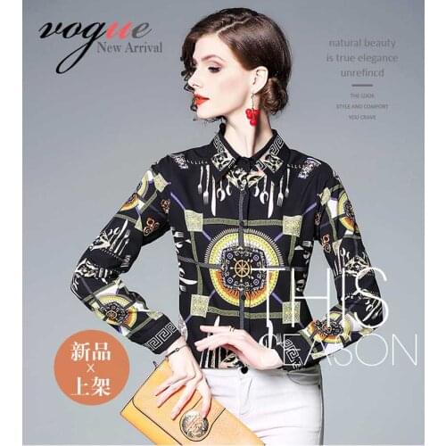 Black Symmetrical Floral blouse women Spring Summer blusa mujer Long Sleeves blusas mujer Yellow Flower chemisier femme OL Style