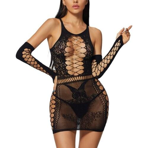 Bodystocking Women Sexy Costumes Lingerie Bodysuit Fishnet Crotchless Babydoll Bodysuits Nightwear Erotic Underwear Mini Dress