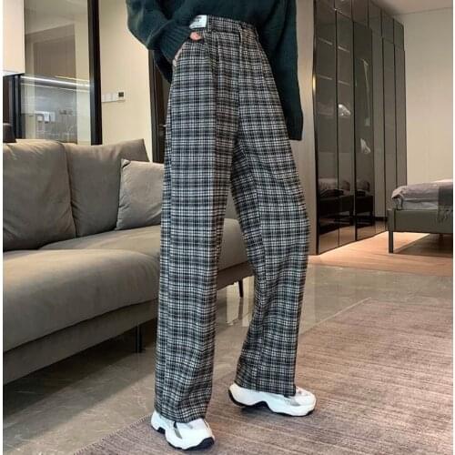 Spring/autumn Woman Pants Plaid High Waist Straight Full Length Loose Formal Elastic Waist Womens Clothing Korean Loose Pant