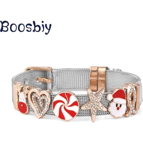 New Design Santa Claus & Deer Slide Charm Beads Fit 10mm Stainless Steel Mesh Bracelet Christmas Jewelry Gift for Women Men