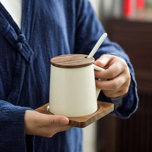 Simple Art Black and White Ceramic Coffee Cup with Lid Spoon Japanese Retro Couple Mug Modern Office Afternoon Tea Tea Cup 360ml