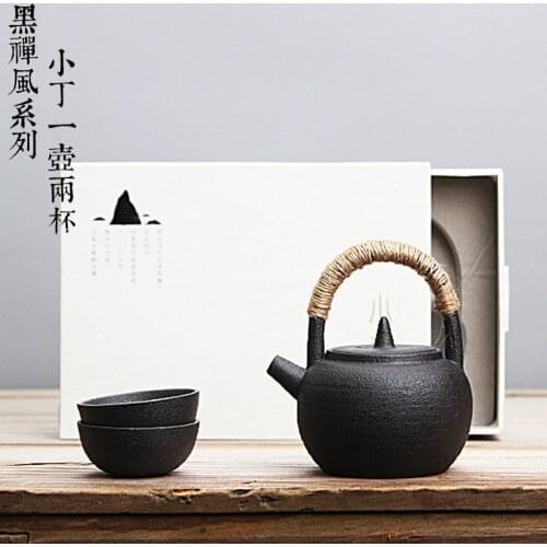 Black Zen style carrying beam One pot and two cups of black pottery stone glaze portable Kung Fu travel tea set teapot