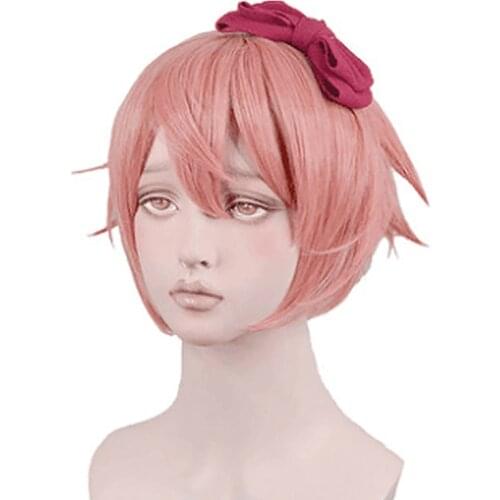 DDLC Doki Doki Literature Club Sayori Women Pink Short Wig Cosplay Costume Heat Resistant Synthetic Hair Wigs ( No Headwear )