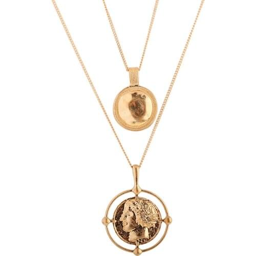 SHUANGR Double layer Necklace Gold Color Vintage Double Round personage Pendant Ancient Coins Necklaces Gift for Women