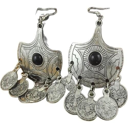 Ethnic Tribal Statement Coin Earrings Jewelry Vintage Silver Big Black Beads Drop Earrings Gypsy Coin Earring