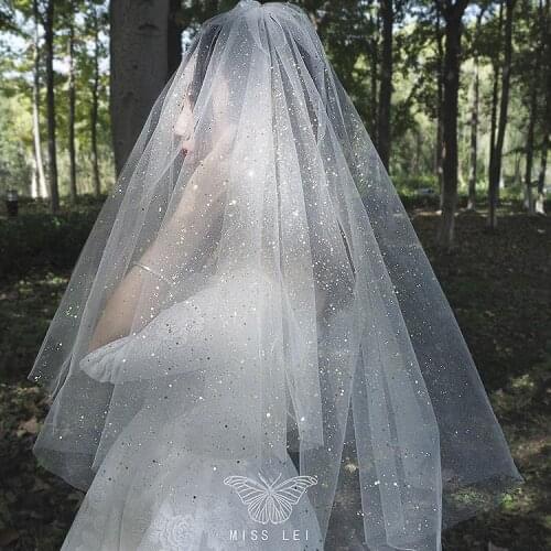 Veil bride master wedding headdress advanced retro photo props wedding starry sky trailing long diamond champagne color