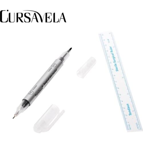 Cursavela Surgical Skin Marker Eyebrow Marker Pen Tattoo Skin Marker Pen With Measuring Ruler Microblading Positioning Tools