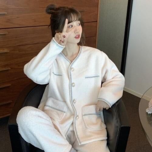 Two Piece Set New Velvet Thick Sleepwear Casual Home Clothes Fashion Autumn Winter Womens Pajamas Night Suit Pijama Feminino