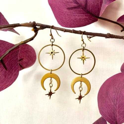 Space earrings, Moon and Star earrings, Gold moon earrings, Crescent moon earrings, Moon phase earrings Boho