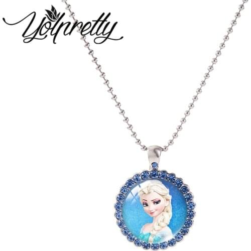 Snow Queen Elsa Anna Princess Round Crystal Necklace Necklace Glass Cabochon Necklace Jewelry