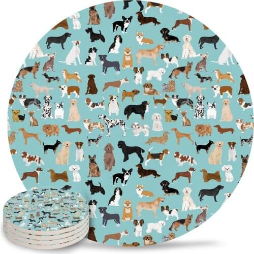 Dogs Pattern Print Round Coaster Set Non-slip Heat Proof Ceramic Coffee Drink Coasters Table Decoration Placemats