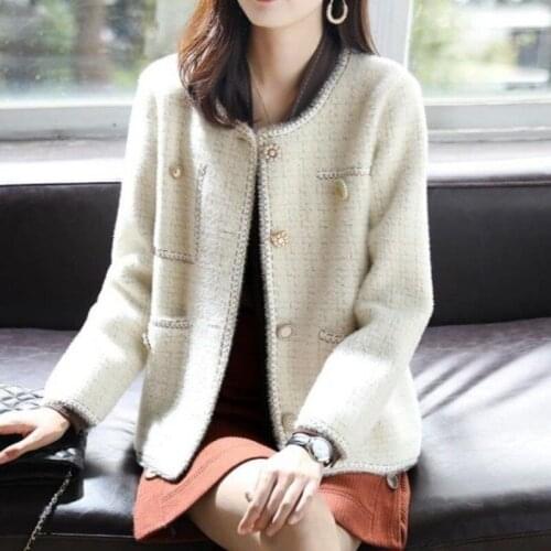 Autumn and winter fashion new imitation mink sweater coat women foreign style plaid round neck knitted cardigan loose top