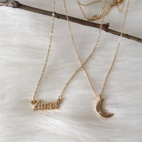 GIRLY GOLD COLOR PLATING OLD ENGLISH FONT AMOR LETTER WITH CRESCENT LAYERED NECKLACE