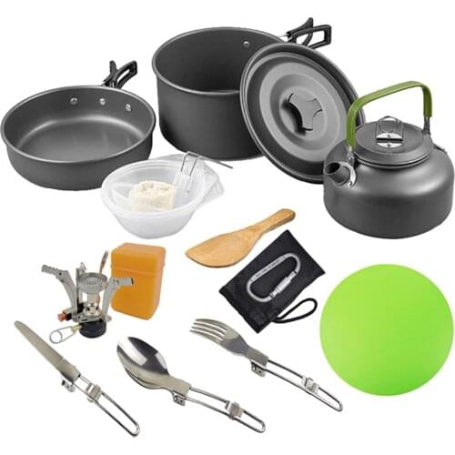Outdoor Camping Cookware Set Portable Marching Utensils Tableware Cooking Stove Kit Picnic Cookware Gas Stove Boiler Head Teapot