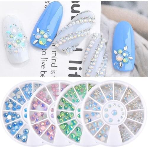 Multi Size Opal Nail Rhinestones Flat Bottom Colorful Crystal Glass Gems For DIY UV Gel 3D Nail Art Decorations in Wheel 1 Box