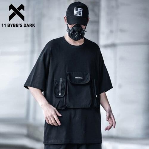 11 BYBBS DARK Hip Hop t Shirt Men Summer Multi Pockets Oversize Tshirts Streetwear Functional Harajuku Short Sleeve Shirt Black