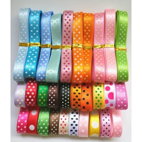 Random set 3/8"9mm mix10/20 style lively polka dots printed satin ribbons ,1Y/style STYD0910-20